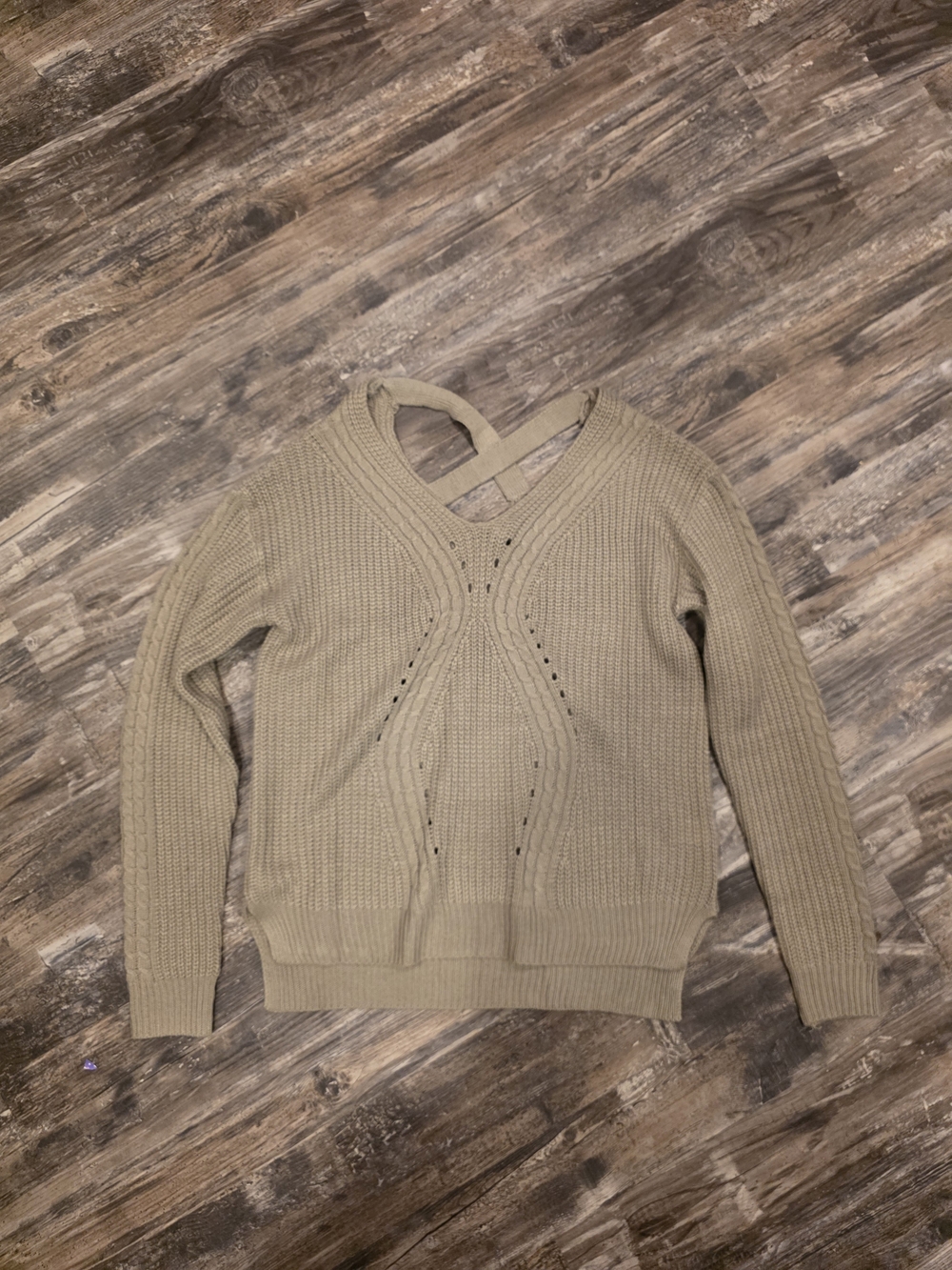 Cozy Casual Beige V-Neck Knit Sweater with Back Strap